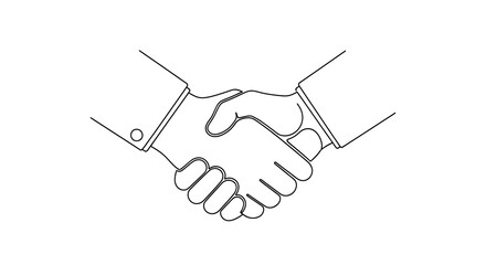 A simple black and white line drawing of two hands shaking, symbolizing a business deal or agreement.