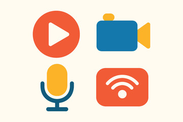 Set of four colorful flat design icons representing media and communication technologies