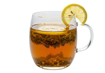 Refreshing herbal tea with lemon in a glass mug isolated, healthy beverage with citrus fruit and natural ingredients