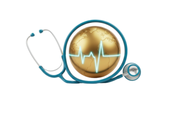 Global healthcare concept with golden globe and stethoscope isolated, world health day PNG for medical awareness and global wellness