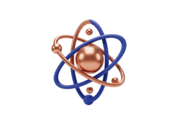 Atom model isolated on transparent background, 3D rendering of nucleus with orbiting electrons for science and education