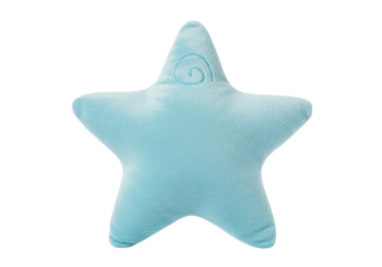 Light blue starfish plush toy isolated, soft sea star cushion for kids room decor and nautical theme design PNG
