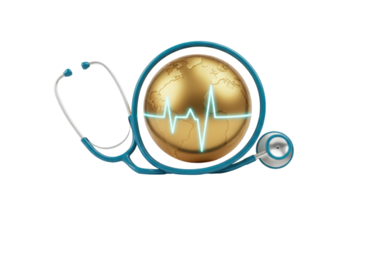 Global healthcare concept with golden globe and stethoscope isolated, world health day PNG for medical awareness and global wellness