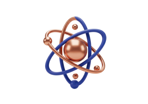 Atom model isolated on transparent background, 3D rendering of nucleus with orbiting electrons for science and education