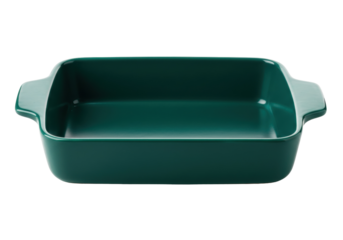 Emerald green baking dish isolated on white, square ceramic casserole for oven cooking and serving food
