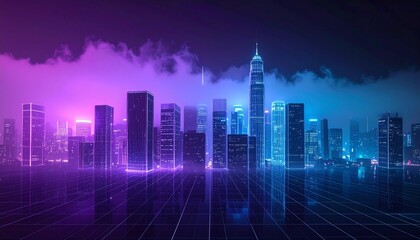 Virtual reality, digital cityscape, futuristic skyline, skyscrapers, glowing grids, neon lights, purple-blue haze, immersive environment, cyber world, technological landscape, abstract architecture, h