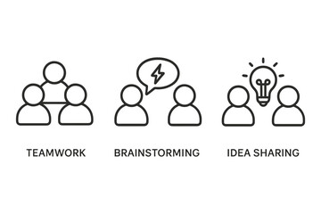 Three simple line art icons representing teamwork brainstorming and idea sharing in business or collaboration