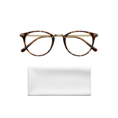 Pristine round tortoise-shell eyeglasses, gold temples, clear lenses, with a folded white microfiber cloth, flat lay on a seamless transparent studio background. Premium eyewear product concept