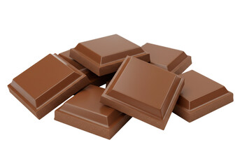 Milk chocolate squares isolated on transparent background, delicious sweet dessert for confectionery and baking projects