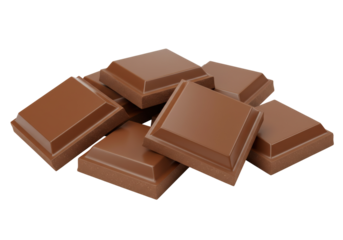 Milk chocolate squares isolated on transparent background, delicious sweet dessert for confectionery and baking projects