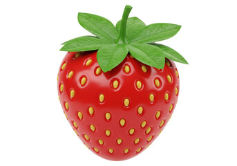 Bright red strawberry isolated on transparent PNG, fresh fruit with yellow seeds and green leaves for healthy eating and summer designs
