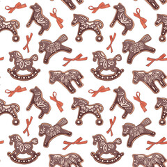 A Christmas pattern of horse-shaped Christmas chocolate cookies, bows, and ribbons. Winter homemade sweet cookies with icing. For banners, brochures, scrapbook, backgrounds, cards, fabric, textiles.