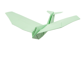 Mint green origami paper airplane isolated on transparent background, folded paper craft for kids and creative projects PNG