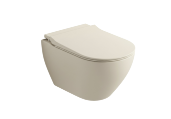 Modern beige toilet bowl isolated on white, wall-mounted ceramic fixture for bathroom interior design and sanitary ware