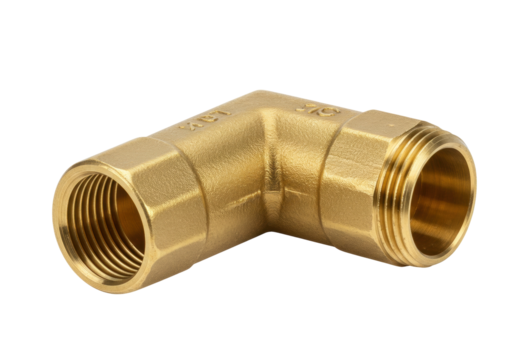 Brass 90-degree elbow pipe fitting isolated, plumbing component for connecting pipes in plumbing systems and industrial applications