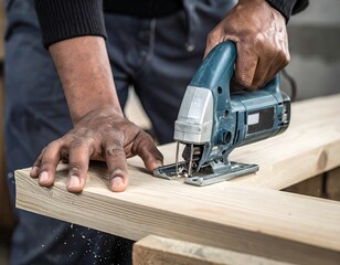Carpenter using a jigsaw to cut wood