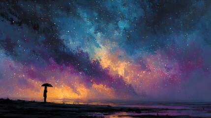 Fototapeta premium Surreal Night Scene with Umbrella and Falling Stars