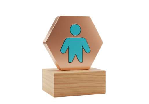 Bronze hexagon with blue person icon isolated on wooden base PNG, 3D rendering of human figure for business and social media