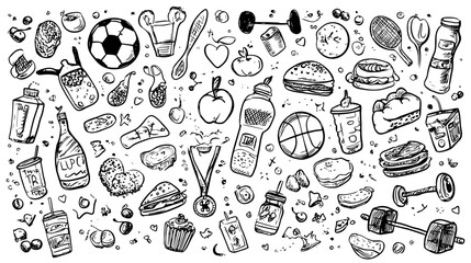 Hand-drawn food and sports doodles