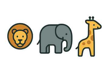 Cute cartoon safari animals including a lion elephant and giraffe in a simple flat design