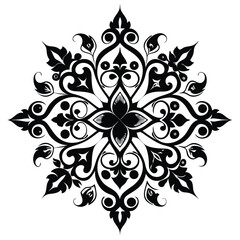 Intricate Black and White Floral Mandala with Swirls, Leaves, and Decorative Elements