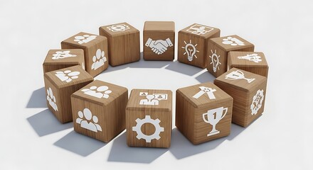 Fototapeta premium Wooden Blocks with Business and Innovation Icons in Circular Arrangement for Corporate and Teamwork Concepts