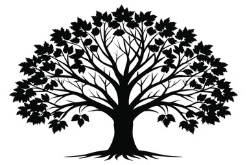 Fototapeta premium Silhouette of a Tree with Leaves, Branches, Trunk, and Roots, in Black