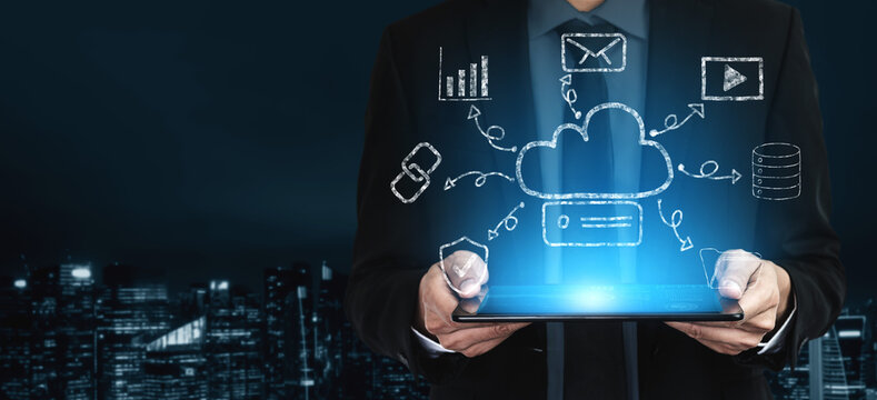 A hand drawn doodle of a cloud computing services ecosystem. A creative sketch of a network for data storage, sharing, and online applications. Motif