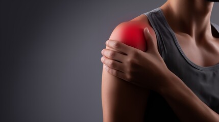 Close up of woman pressing sore shoulder with red pain highlight on gray background, rotator cuff injury concept, copy space