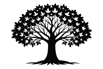 Obraz premium Black and White Silhouette Image of a Tree with Leaves and Branch Details