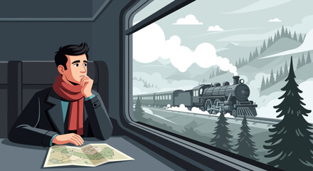 Contemplative Traveler on a Vintage Train Journey Through Snowy Landscapes