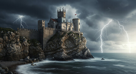 Naklejka premium Castle on cliffside during stormy weather
