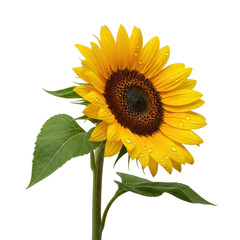 Vibrant yellow sunflower with emerald green leaves and glistening water droplets, angled 45 degrees, isolated on a seamless transparent background. Concept for botanical product advertising