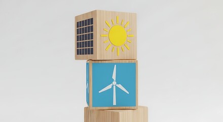 Wooden Blocks with Sun and Wind Power Symbols on Light Gray Background