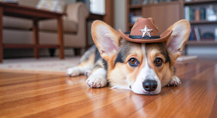Corgi dog wearing a cowboy hat while lying on wooden floor indoors, waiting for its owner  