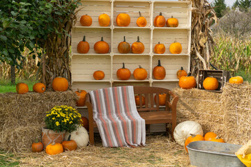 rustic outdoor autumn display featuring a bench, pumpkins, hay bales, and a wooden shelf backdrop, empty space, concept of fall photo booth, seasonal decor, farm market