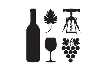 Black silhouette icons of wine bottle glass corkscrew and grapes