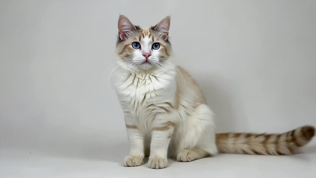frontal perspective of domesticated feline of the Birman breed in seated posture isolated against plain bright backdrop