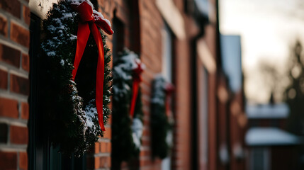 Festive wreaths adorn brick townhouses with red ribbons, bringing holiday cheer to the neighborhood. Snowy touch adds a winter wonderland charm.