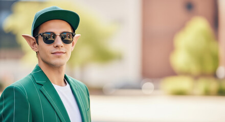 Young man portrait with pointy elf ears wearing sunglasses and stylish green suit. Elf ears and bright suit makes cheerful image.