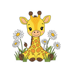 Cute cartoon baby giraffe sitting amongst daisies and grass isolated on white background © Fiz's magic