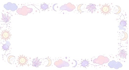 Dreamy celestial frame with moons, suns and crystals for magical designs, perfect for whimsical projects, invitations, and creative branding with a pastel aesthetic