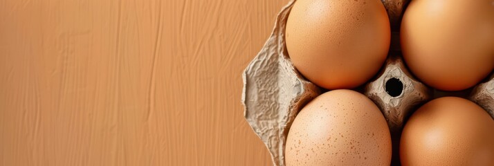 World egg day celebration with fresh brown eggs in carton on wooden background. Horizontal banner. Copy space. Top view. World Farm Animals Day. Healthy farm food