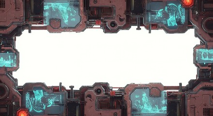 Futuristic digital interface with glowing screens and industrial tech elements, perfect for science fiction and modern tech projects