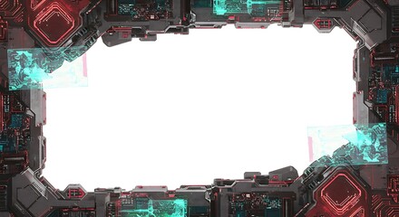 Futuristic tech interface frame with glowing holographic screens, perfect for modern design and digital innovation projects, with copy space.