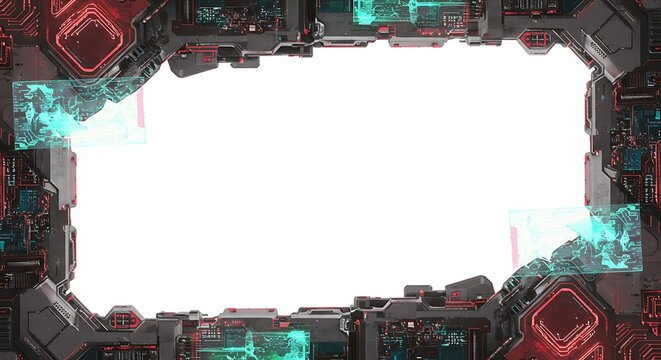 Futuristic tech interface frame with glowing holographic screens, perfect for modern design and digital innovation projects, with copy space.