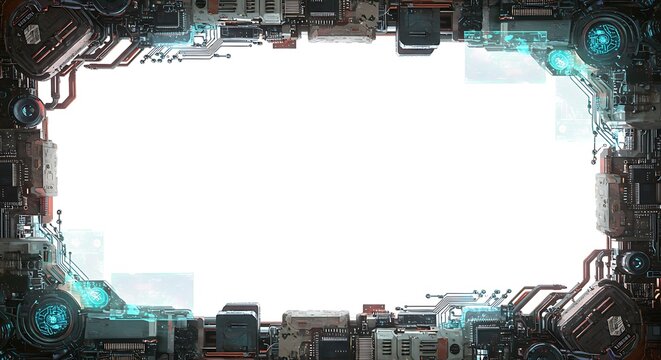 Futuristic technology frame with glowing circuits and digital elements, perfect for tech presentations and innovative design concepts