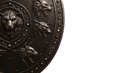 Intricate ancient shield with lion and wolf carvings, perfect for fantasy art, historical design, and epic storytelling themes