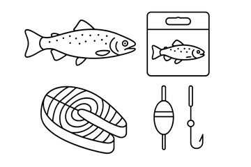 Fishing equipment and fish types displayed for outdoor enthusiasts and anglers during a sunny day at the lake