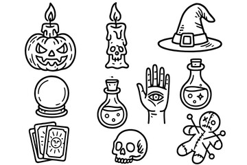Halloween themed doodles featuring candles, potions, skulls, and other spooky symbols for festive celebrations